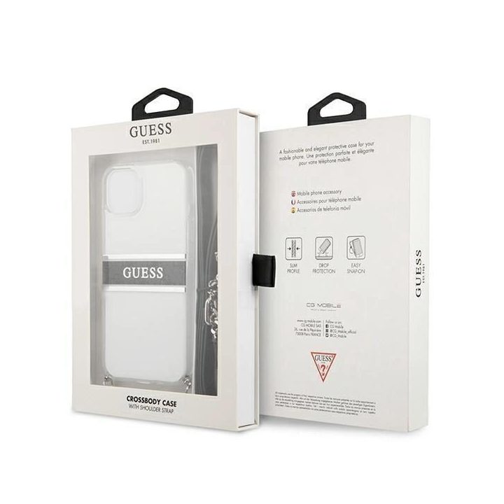 Guess GUHCP13SKC4GBSI iPhone 13 mini 5,4 permatomas deklas 4G Pilkas dirželis Sidabrinė grandinėlė