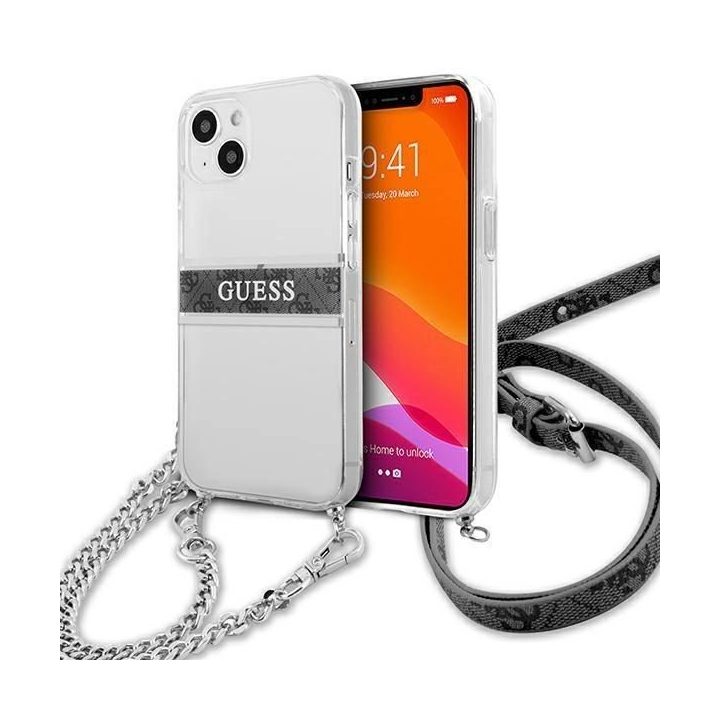 Guess GUHCP13SKC4GBSI iPhone 13 mini 5,4 permatomas deklas 4G Pilkas dirželis Sidabrinė grandinėlė