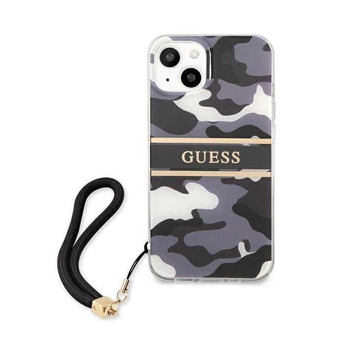 Guess GUHCP13SKCABBK iPhone 13 mini 5,4 juodos/juodos spalvos deklas Camo Strap Collection