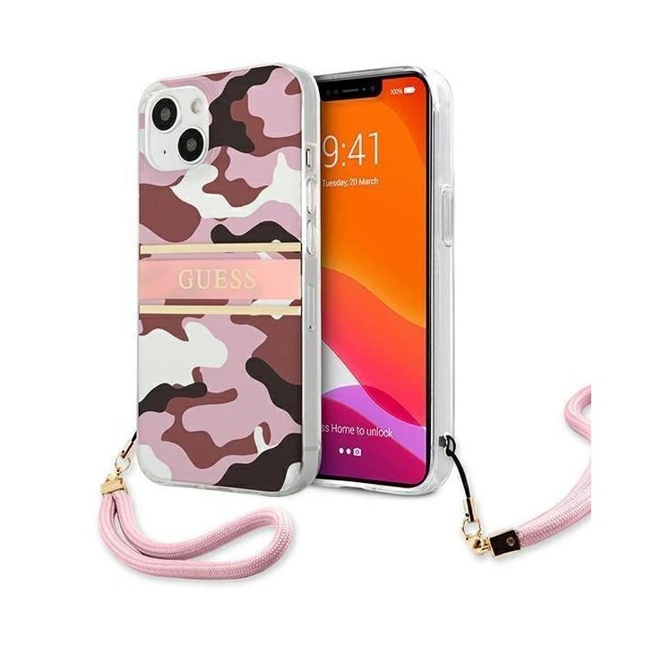 Guess GUHCP13SKCABPI iPhone 13 mini 5,4 rožinės/rožinės spalvos deklas Camo Strap Collection