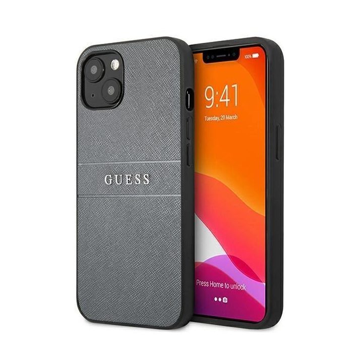 Guess GUHCP13SPSASBGR iPhone 13 mini 5,4 pilka/pilka Saffiano dirželis