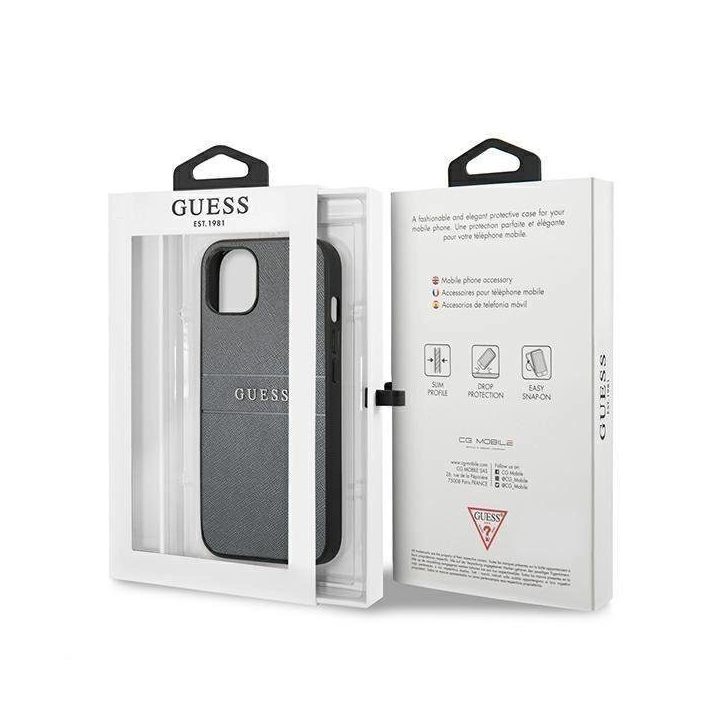 Guess GUHCP13SPSASBGR iPhone 13 mini 5,4 pilka/pilka Saffiano dirželis
