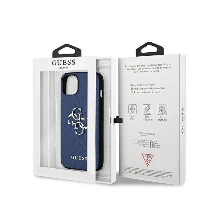 Guess GUHCP13SSA4GSBL iPhone 13 mini 5.4 mėlynos/mėlynos spalvos deklas Saffiano 4G Metalinis logotipas