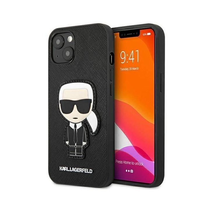 Karl Lagerfeld KLHCP13SOKPK iPhone 13 mini 5,4 Juodos spalvos/juodas deklas Saffiano Ikonik Karl`s Patch