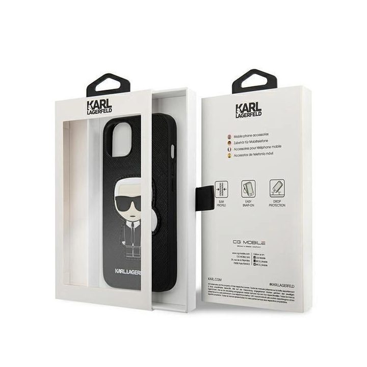 Karl Lagerfeld KLHCP13SOKPK iPhone 13 mini 5,4 Juodos spalvos/juodas deklas Saffiano Ikonik Karl`s Patch