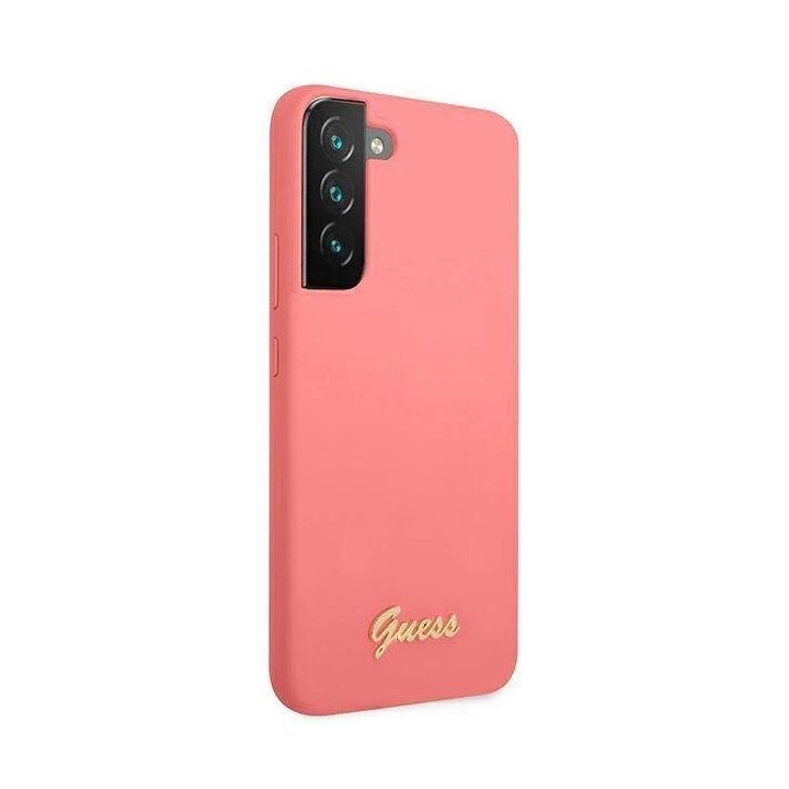Guess GUHCS22MLSLMGFU S22+ S906 fuksija/fučia spalvos deklas Silikoninis Script Metalinis logotipas