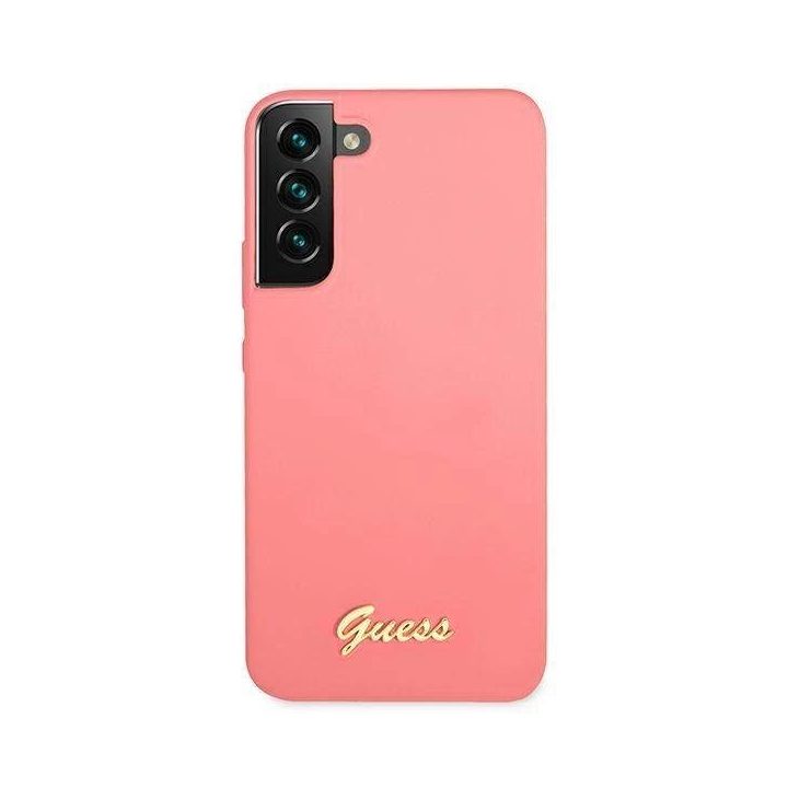 Guess GUHCS22MLSLMGFU S22+ S906 fuksija/fučia spalvos deklas Silikoninis Script Metalinis logotipas