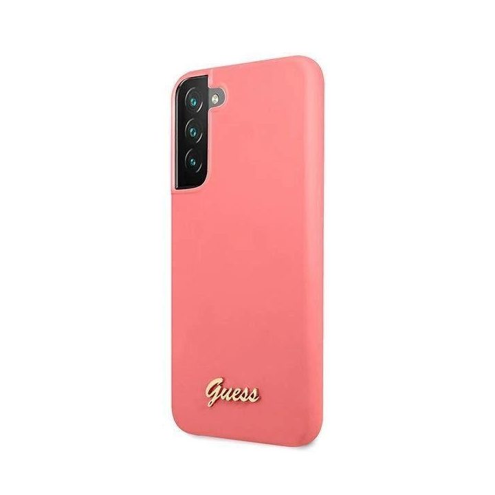 Guess GUHCS22MLSLMGFU S22+ S906 fuksija/fučia spalvos deklas Silikoninis Script Metalinis logotipas
