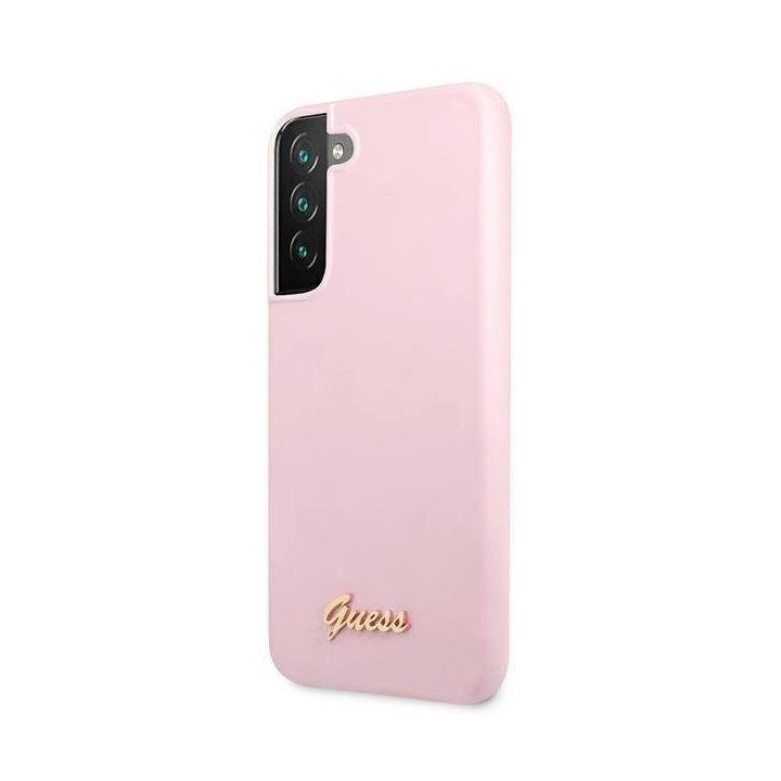 Guess GUHCS22MLSLMGLA S22+ S906 levandų/lavandų spalvos deklas Silikoninis Script Metalinis logotipas