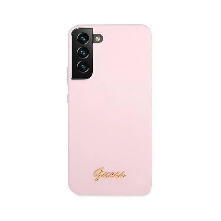 Guess GUHCS22MLSLMGLA S22+ S906 levandų/lavandų spalvos deklas Silikoninis Script Metalinis logotipas