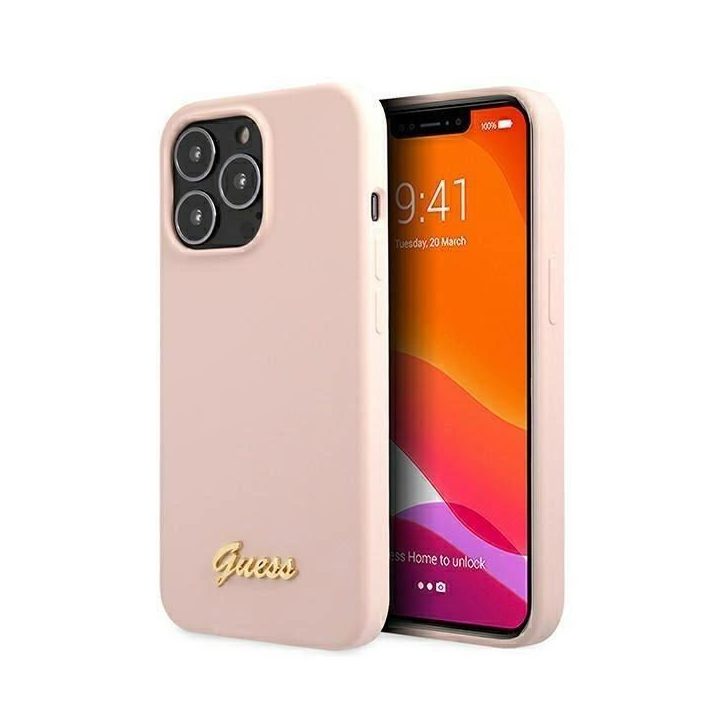 Guess GUHMP13LLSLMGLP iPhone 13 Pro / 13 6,1 šviesiai rožinis/šviesiai rožinis deklas Silikoninis Script Gold Logo Magsafe