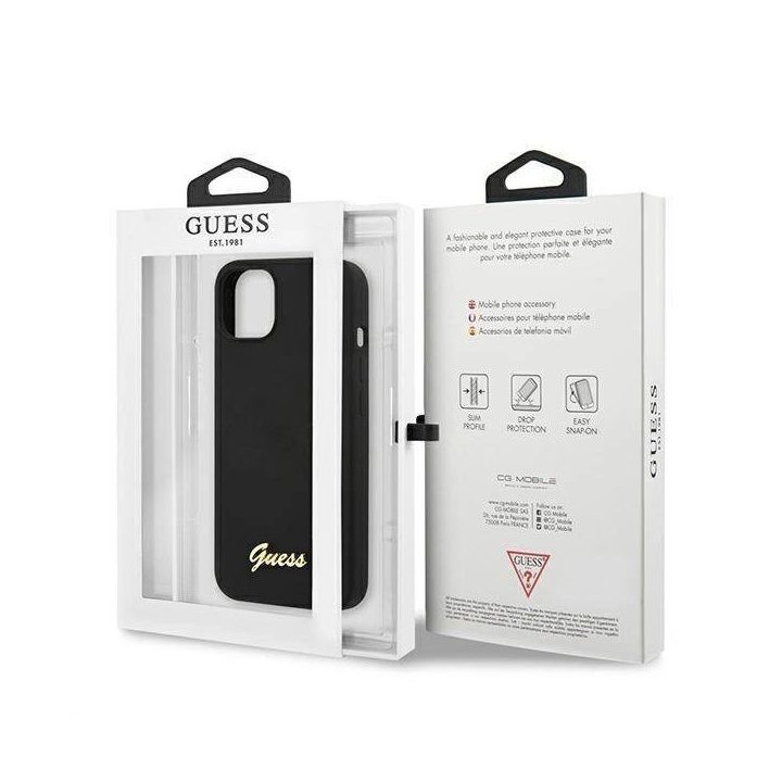 Guess GUHMP13MLSLMGBK iPhone 13 6,1 juodas/juodas deklas Silikoninis Script Gold Logo Magsafe