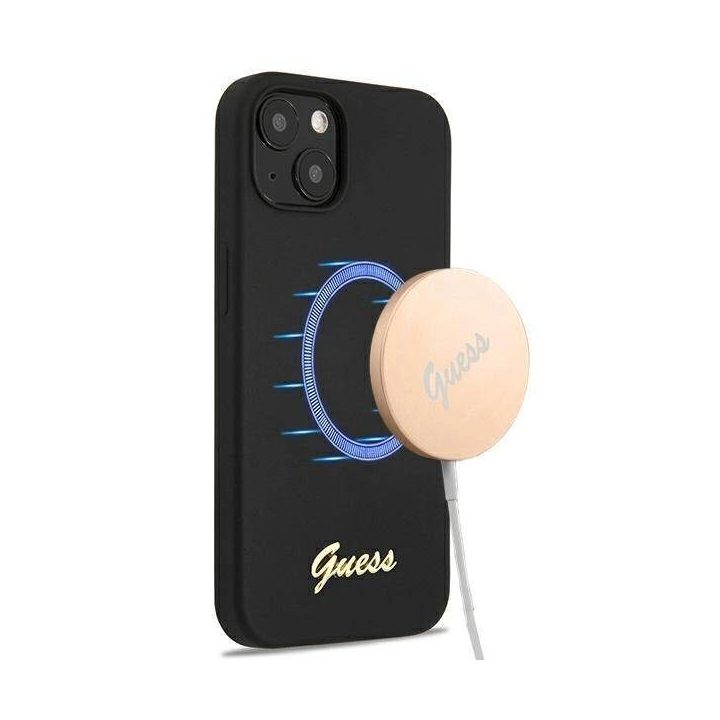 Guess GUHMP13MLSLMGBK iPhone 13 6,1 juodas/juodas deklas Silikoninis Script Gold Logo Magsafe