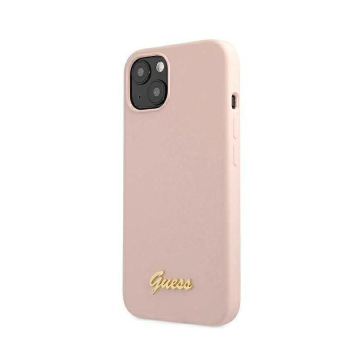 Guess GUHMP13MLSLMGLP iPhone 13 6.1 šviesiai rožinis/šviesiai rožinis deklas Silikoninis Script Gold Logo Magsafe