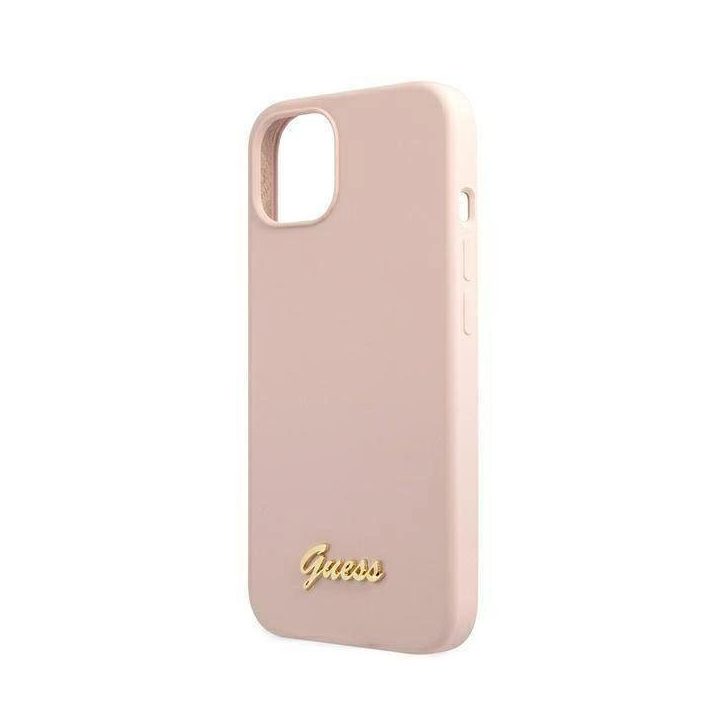 Guess GUHMP13MLSLMGLP iPhone 13 6.1 šviesiai rožinis/šviesiai rožinis deklas Silikoninis Script Gold Logo Magsafe