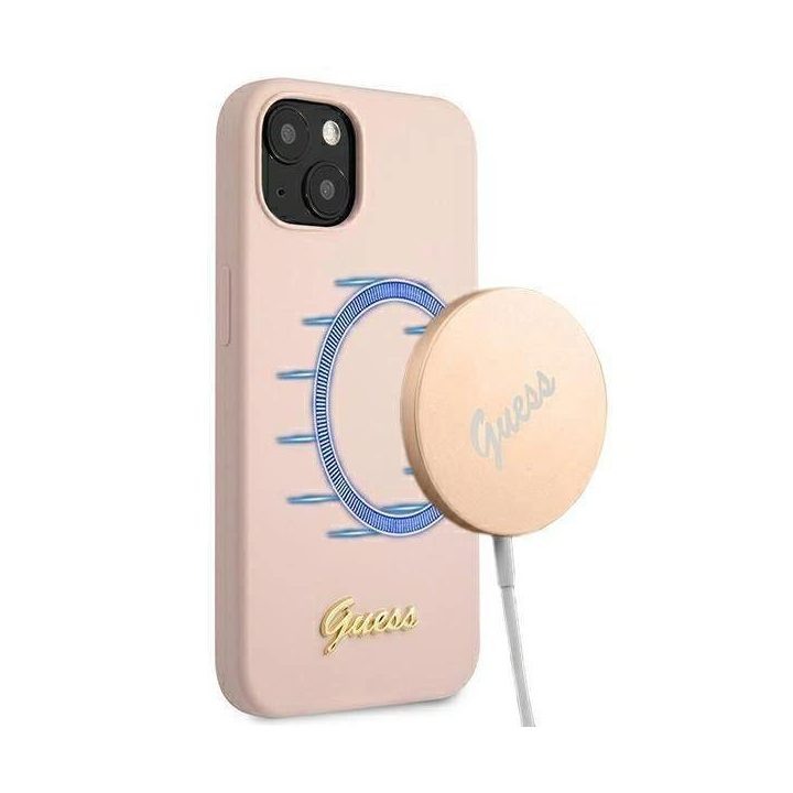 Guess GUHMP13MLSLMGLP iPhone 13 6.1 šviesiai rožinis/šviesiai rožinis deklas Silikoninis Script Gold Logo Magsafe