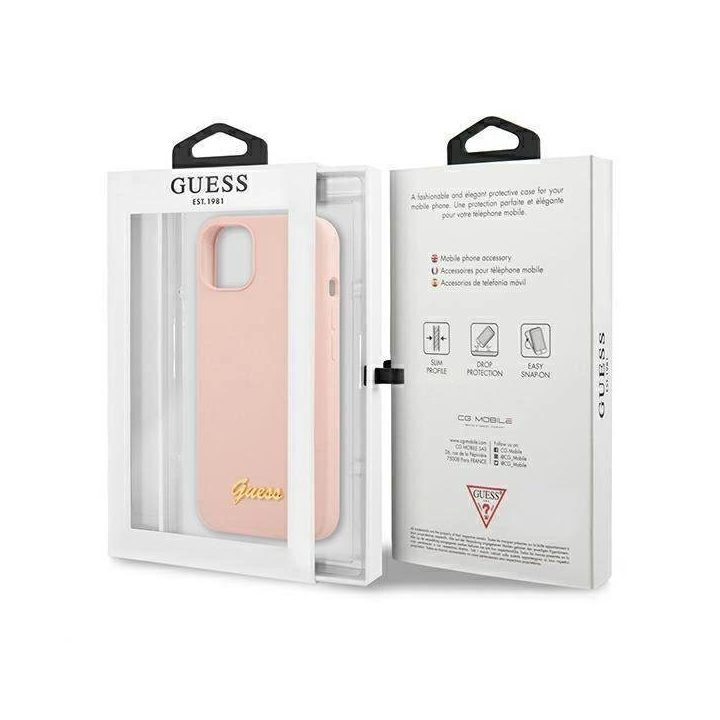 Guess GUHMP13MLSLMGLP iPhone 13 6.1 šviesiai rožinis/šviesiai rožinis deklas Silikoninis Script Gold Logo Magsafe