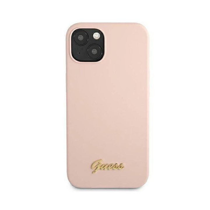 Guess GUHMP13MLSLMGLP iPhone 13 6.1 šviesiai rožinis/šviesiai rožinis deklas Silikoninis Script Gold Logo Magsafe