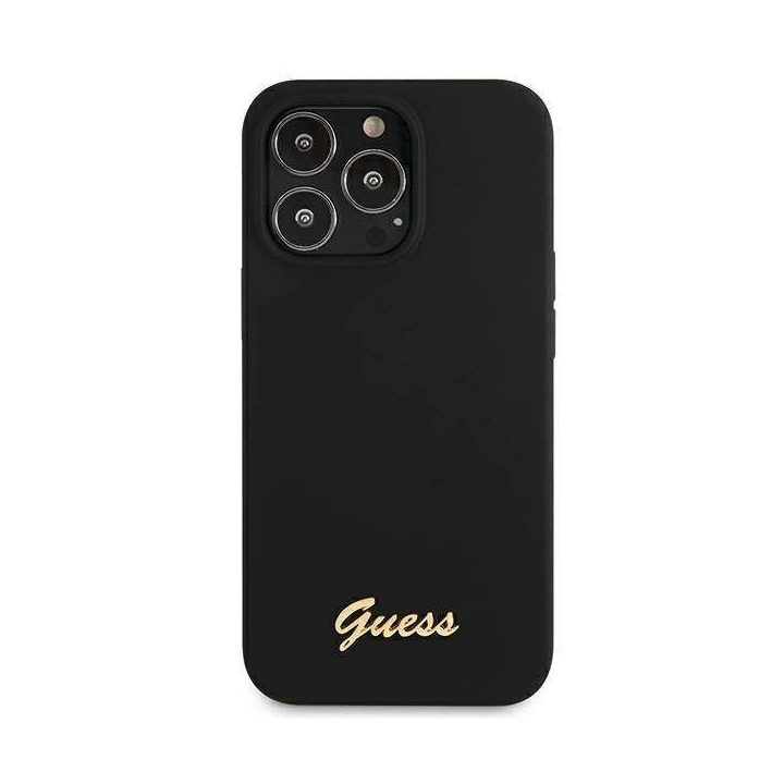 Guess GUHMP13XLSLMGBK iPhone 13 Pro Max 6.7 juodas/juodas deklas Silikoninis Script Gold Logo MagSafe