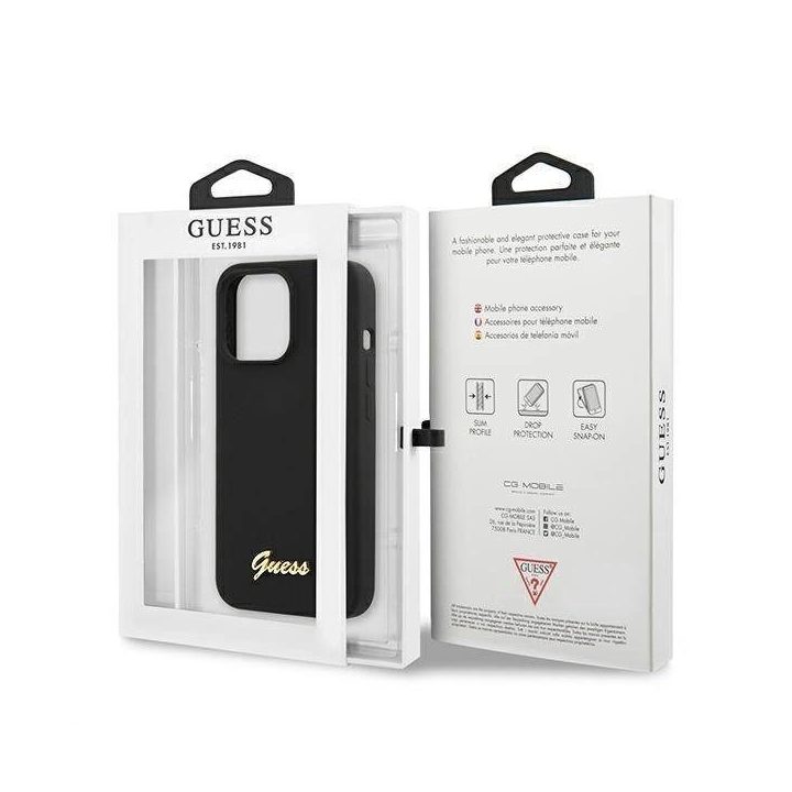 Guess GUHMP13XLSLMGBK iPhone 13 Pro Max 6.7 juodas/juodas deklas Silikoninis Script Gold Logo MagSafe
