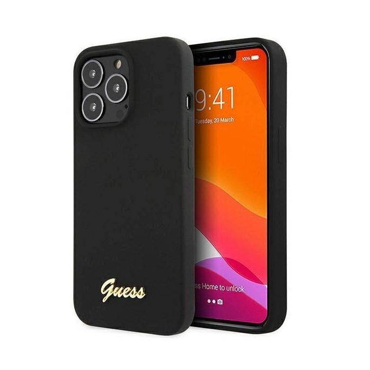 Guess GUHMP13XLSLMGBK iPhone 13 Pro Max 6.7 juodas/juodas deklas Silikoninis Script Gold Logo MagSafe