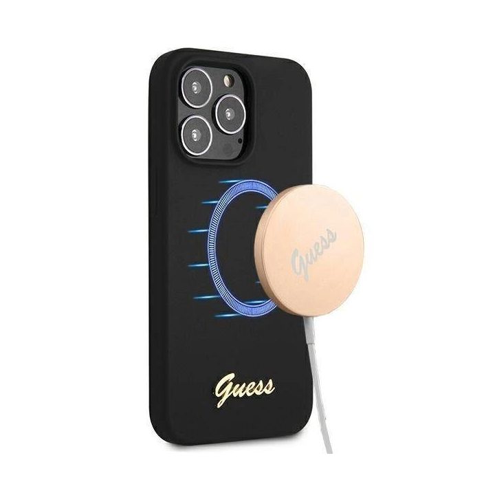 Guess GUHMP13XLSLMGBK iPhone 13 Pro Max 6.7 juodas/juodas deklas Silikoninis Script Gold Logo MagSafe