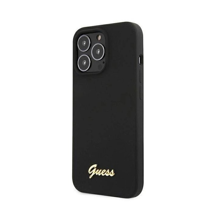 Guess GUHMP13XLSLMGBK iPhone 13 Pro Max 6.7 juodas/juodas deklas Silikoninis Script Gold Logo MagSafe