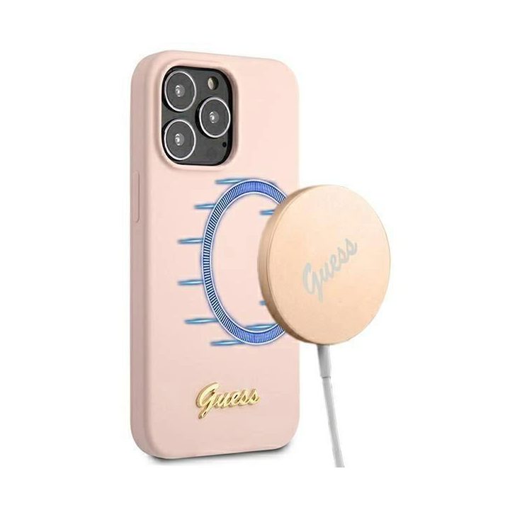 Guess GUHMP13XLSLMGLP iPhone 13 Pro Max 6.7 light pink/light pink deklas Silikoninis Script Gold Logo Magsafe
