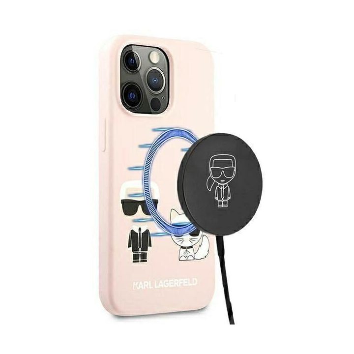 Karl Lagerfeld KLHMP13LSSKCI iPhone 13 Pro / 13 6.1 deklas šviesiai rožinis silikoninis Ikonik Karl & Choupette Magsafe