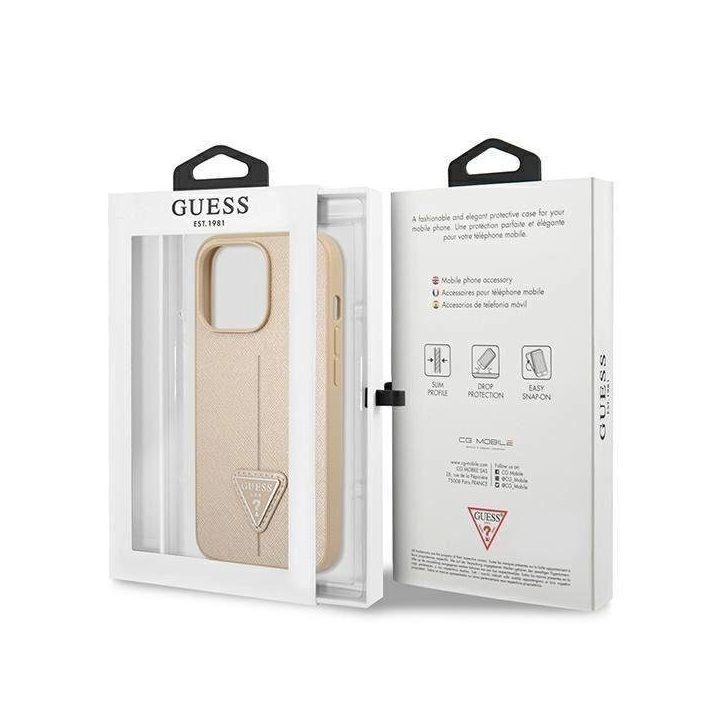 Guess GUHCP13LPSATLE iPhone 13 Pro / 13 6,1 smėlio/smėlio spalvos deklas SaffianoTriangle Logo