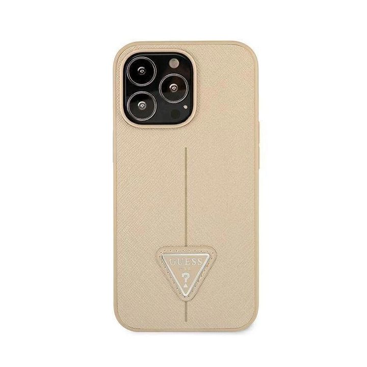 Guess GUHCP13LPSATLE iPhone 13 Pro / 13 6,1 smėlio/smėlio spalvos deklas SaffianoTriangle Logo