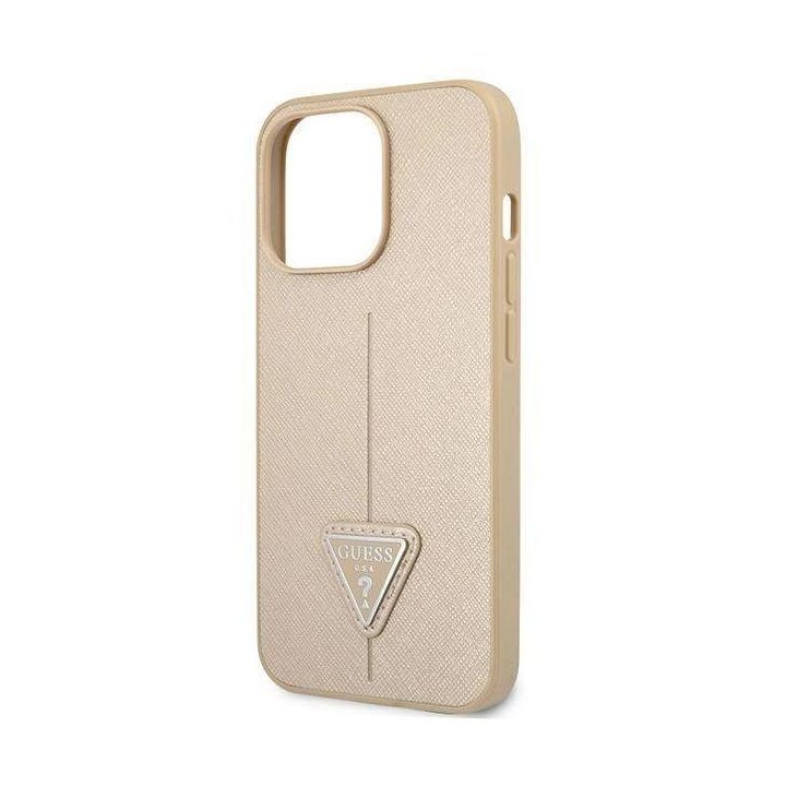 Guess GUHCP13LPSATLE iPhone 13 Pro / 13 6,1 smėlio/smėlio spalvos deklas SaffianoTriangle Logo