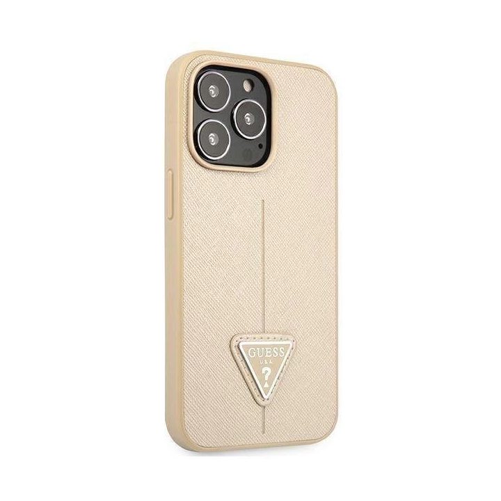 Guess GUHCP13LPSATLE iPhone 13 Pro / 13 6,1 smėlio/smėlio spalvos deklas SaffianoTriangle Logo