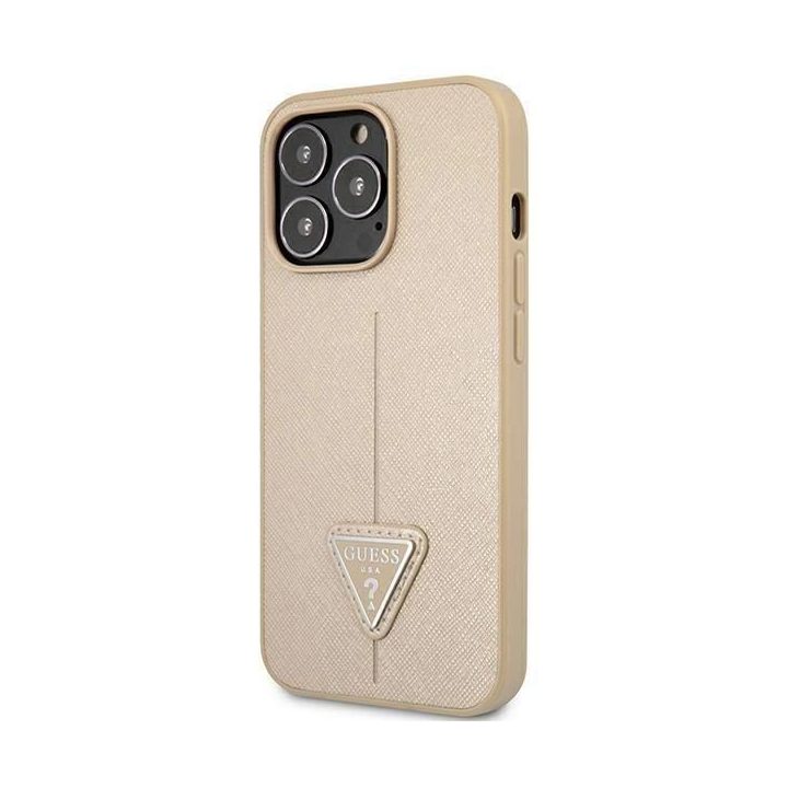 Guess GUHCP13LPSATLE iPhone 13 Pro / 13 6,1 smėlio/smėlio spalvos deklas SaffianoTriangle Logo