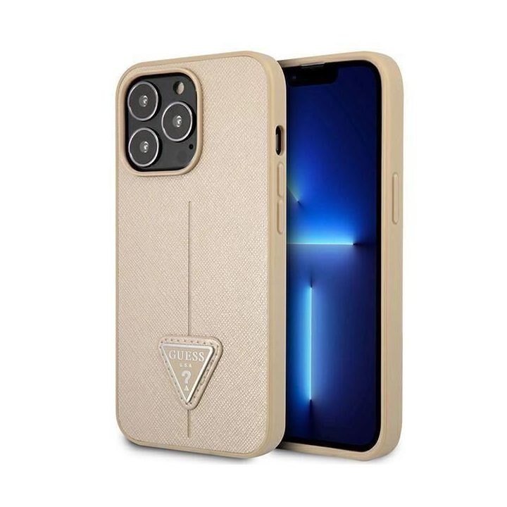 Guess GUHCP13LPSATLE iPhone 13 Pro / 13 6,1 smėlio/smėlio spalvos deklas SaffianoTriangle Logo