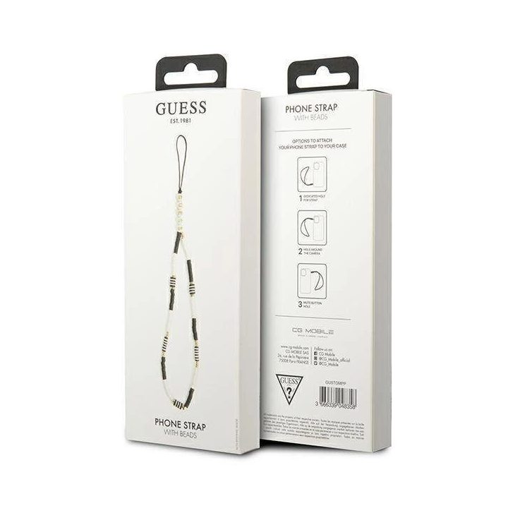 Guess pakabukas GUSTBCKH Telefono dirželis juoda balta Heishi Beads