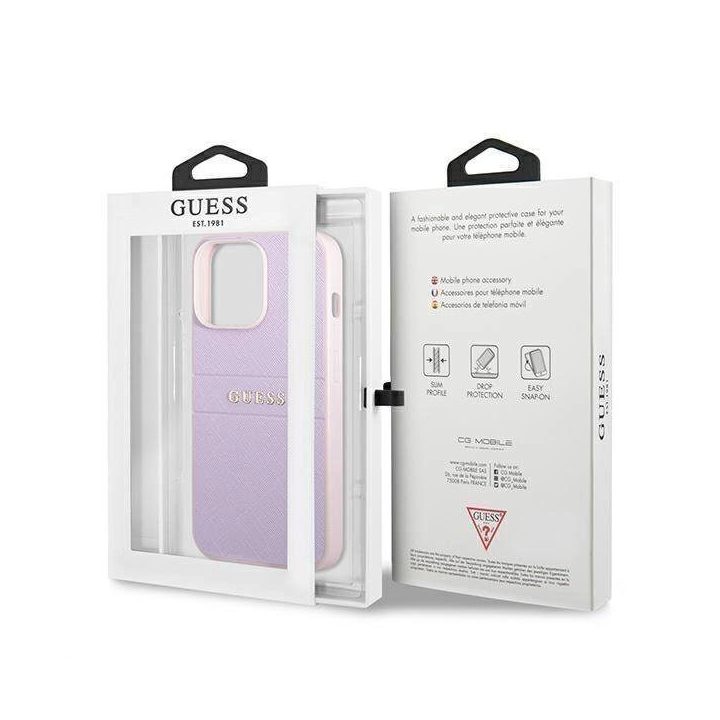 Guess GUHCP13LPSASBPU iPhone 13 Pro / 13 6,1 violetinė/violetinė Saffiano karštas antspaudas ir metalinis logotipas