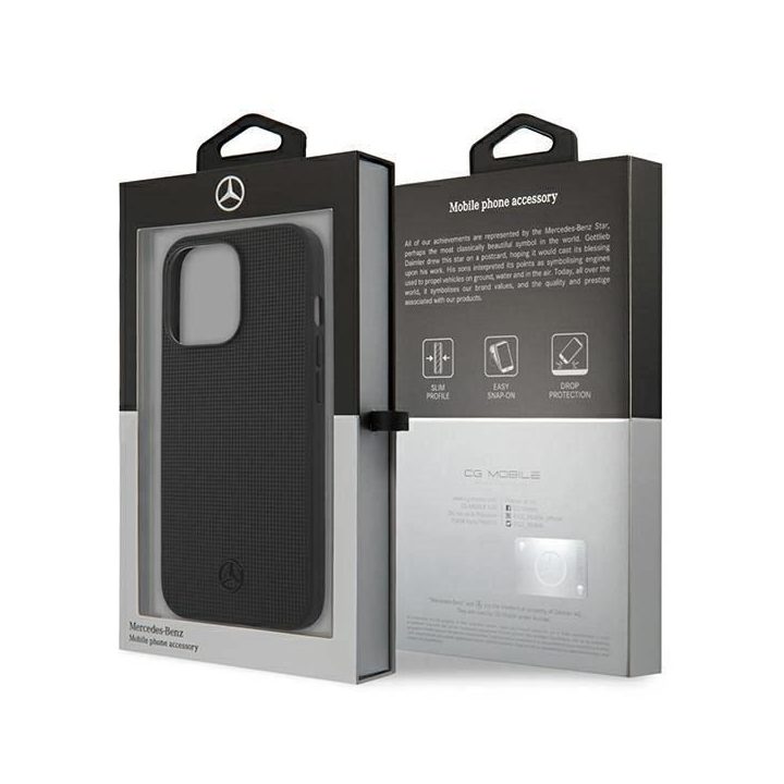 Mercedes MEHCP13LMBLBK iPhone 13 Pro / 13 6,1 juodas/juodas deklas Odinis tinklelis su metaliniu logotipu