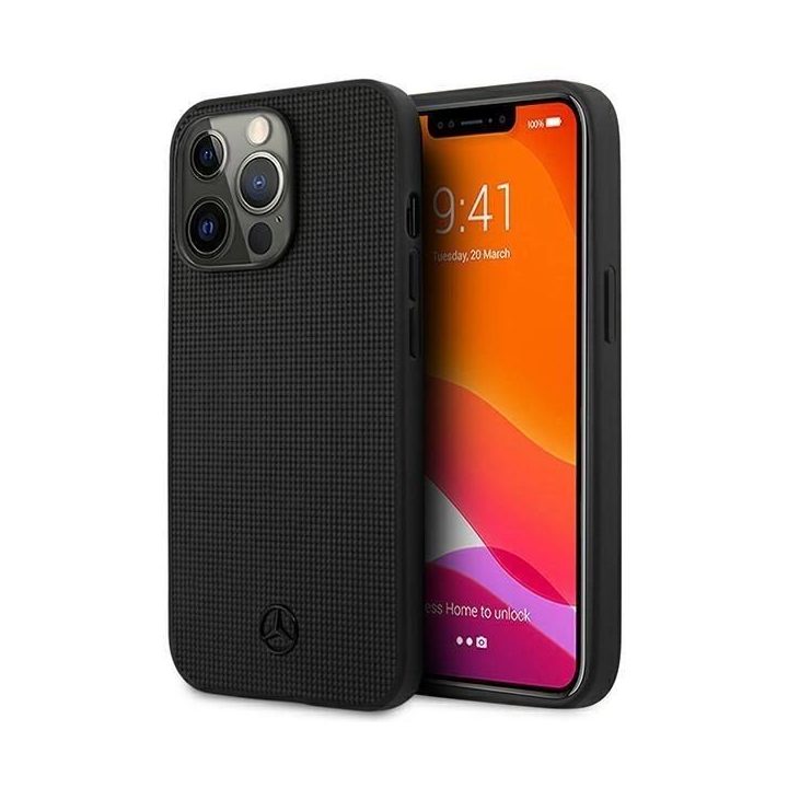 Mercedes MEHCP13LMBLBK iPhone 13 Pro / 13 6,1 juodas/juodas deklas Odinis tinklelis su metaliniu logotipu