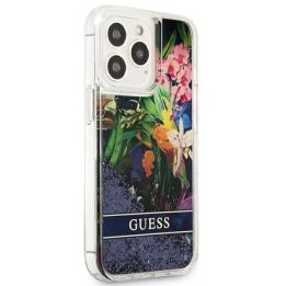 Guess GUHCP13LLFLSB iPhone 13 Pro / 13 6,1 mėlynos/mėlynos spalvos deklas Flower Liquid Glitter