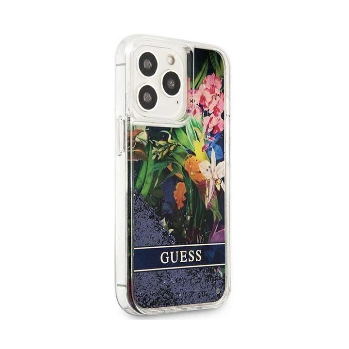Guess GUHCP13LLFLSB iPhone 13 Pro / 13 6,1 mėlynos/mėlynos spalvos deklas Flower Liquid Glitter