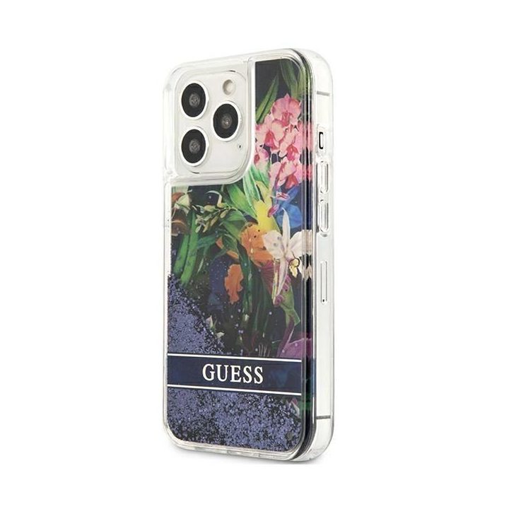Guess GUHCP13LLFLSB iPhone 13 Pro / 13 6,1 mėlynos/mėlynos spalvos deklas Flower Liquid Glitter