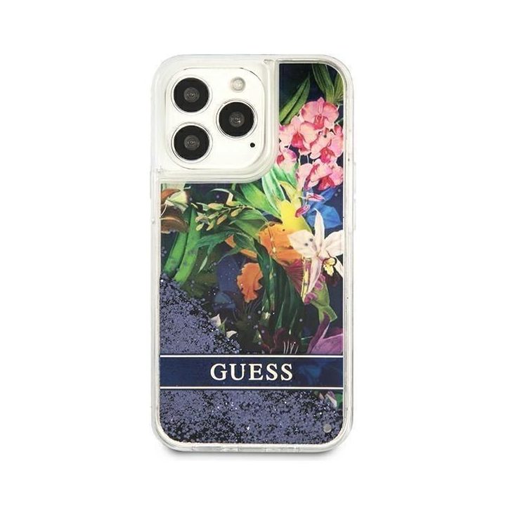 Guess GUHCP13LLFLSB iPhone 13 Pro / 13 6,1 mėlynos/mėlynos spalvos deklas Flower Liquid Glitter