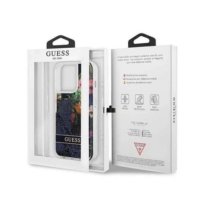 Guess GUHCP13LLFLSB iPhone 13 Pro / 13 6,1 mėlynos/mėlynos spalvos deklas Flower Liquid Glitter