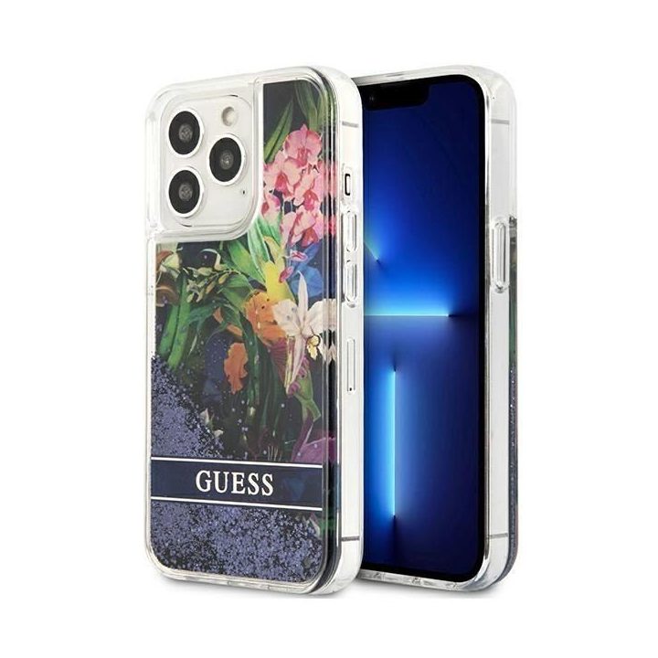 Guess GUHCP13LLFLSB iPhone 13 Pro / 13 6,1 mėlynos/mėlynos spalvos deklas Flower Liquid Glitter