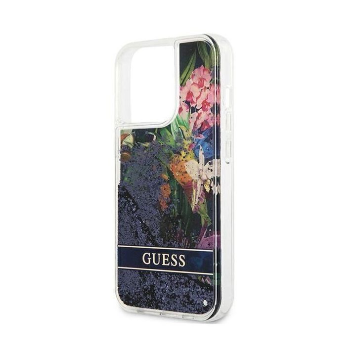 Guess GUHCP13LLFLSB iPhone 13 Pro / 13 6,1 mėlynos/mėlynos spalvos deklas Flower Liquid Glitter
