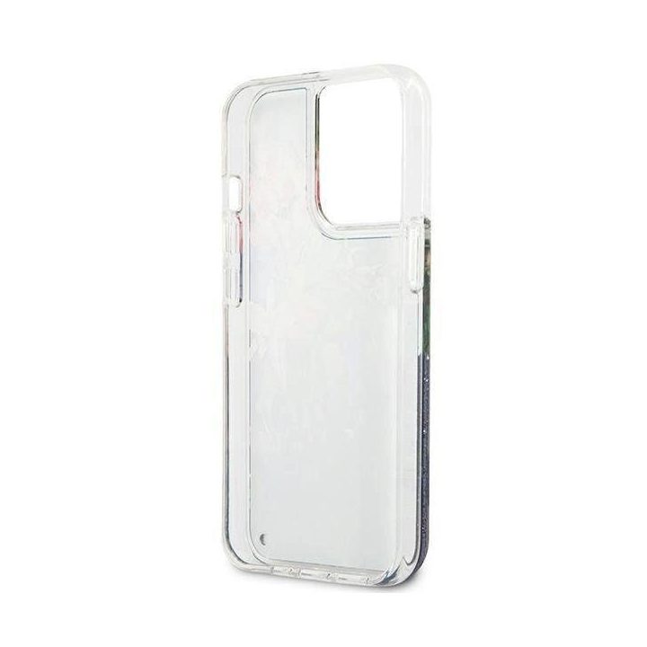 Guess GUHCP13LLFLSB iPhone 13 Pro / 13 6,1 mėlynos/mėlynos spalvos deklas Flower Liquid Glitter
