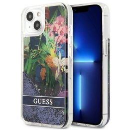 Guess GUHCP13SLFLSB iPhone 13 mini 5,4 mėlynos/mėlynos spalvos deklas Flower Liquid Glitter