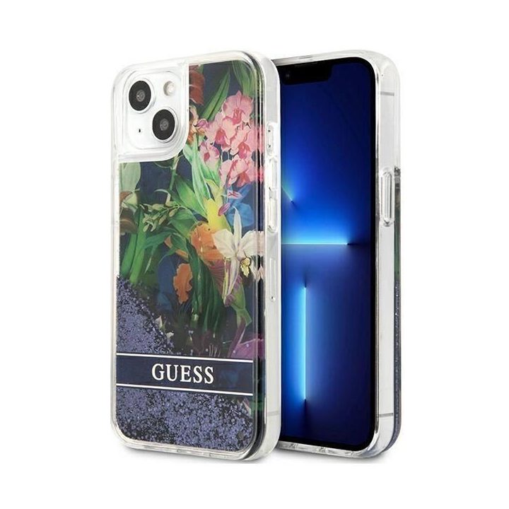 Guess GUHCP13SLFLSB iPhone 13 mini 5,4 mėlynos/mėlynos spalvos deklas Flower Liquid Glitter