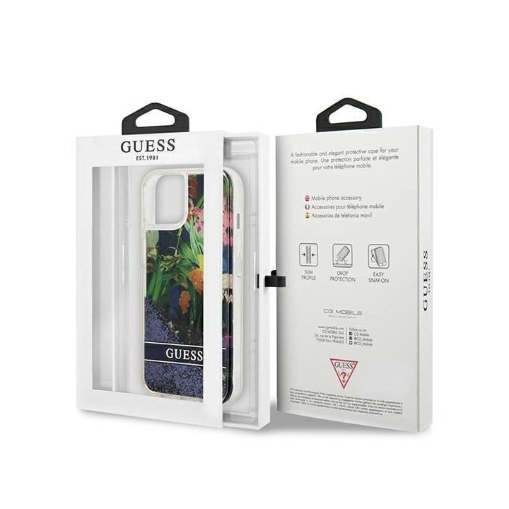 Guess GUHCP13SLFLSB iPhone 13 mini 5,4 mėlynos/mėlynos spalvos deklas Flower Liquid Glitter